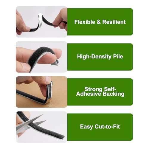 33FT Brush Weather Stripping, 0.35"W x 0.59"T High-Density Self-Adhesive Seal Strip for Doors and Glass Doors, Draft Blocker for Windproof, Dustproof, and Soundproof, Easy Cut & Install, Gray - size: 0.35"x0.59"