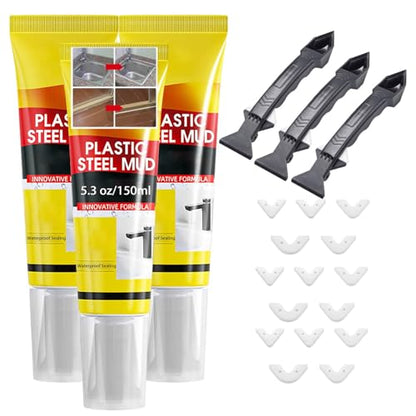 XIRUJNFD 15.9 Oz Multifunctional Waterproof White Caulk with Scraper, Plastic Steel Repair Adhesive for Kitchen Bathroom, Stronger Adhesion Sealant for Window Toilet Sink, Quick-Drying (3 Sets) - color: 3 Sets