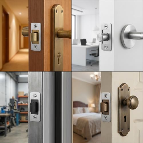2 Pack Door Striker Plates Large Hole Deadbolt Strike Plate Stainless Steel Round Corner Latch Restorer StrikePlate with Wood Dowel Strips,Universal Backplate for Home Door
