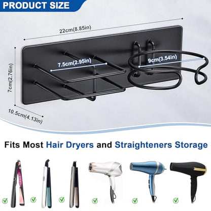 Hair Dryer and Straightener Holder Wall Mounted, Self Adhesive Blow Dryer and Flat Iron Storage Hair Tool Organizer for Bathroom Vanity (Black) - color: Matt Black