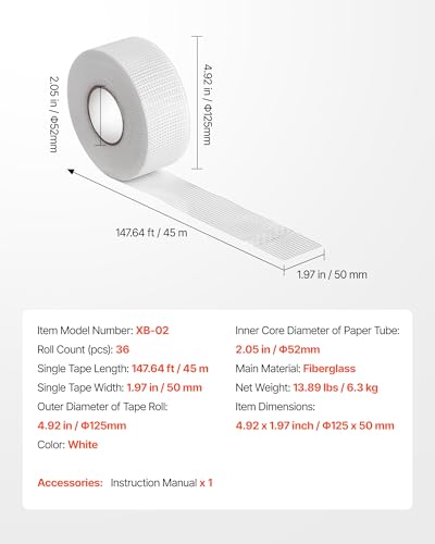 VEVOR Drywall Mesh Tape, 1.97 inch W x 147.64 ft L Self-Adhesive Fiberglass Drywall Joint Tape, 36 Rolls Dry Wall Patch for Easy Sheetrock Ceiling Crack Repair, to Achieve Smooth Even Wall Surface - color: White - 12 - pack