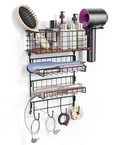 2-Tier Hair Tool Organizer Wall Mounted, Holds 2 Curling Irons Per Shelf, Heat-Resistant|Storage Basket for Hair Tools, Adhesive/Screw Mount for Hair Dryer & Straightener in Bathroom,Black with Hook - color: Black-1 Basket 2 Tiers
