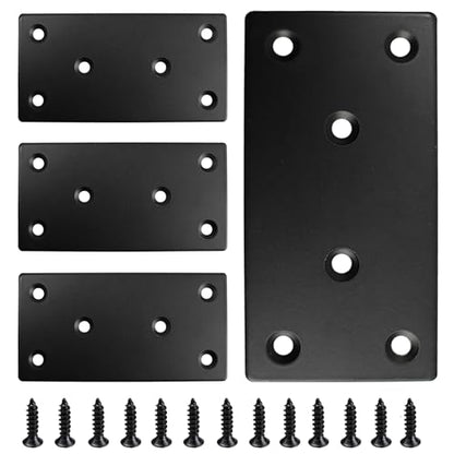 4PCS Black Stainless Steel Flat Mending Plates, 4" x 2" Straight Bracket Brace, Heavy Duty Metal Fixing Joining Plate for Furniture, Wood, Shelves, Fence - size: 4" x 2"