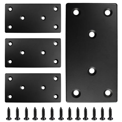 4PCS Black Stainless Steel Flat Mending Plates, 4" x 2" Straight Bracket Brace, Heavy Duty Metal Fixing Joining Plate for Furniture, Wood, Shelves, Fence - size: 4" x 2"