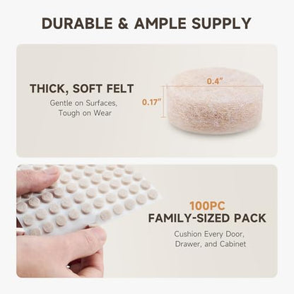 CO-Z 100pcs Felt Cabinet Door Bumpers, Small Pads for Cabinet Doors 0.4 in Diameter, Self Adhesive Thick Felt-Dots Bumper Pads for Furniture Drawers Walls Floors - size: 3/8" Round-100 Pack, Felt