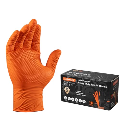 ANBOSON Orange 10 Mil Nitrile Gloves, Diamond Textured Grip, Extra Thick Heavy Duty Disposable, Latex-Free, Tear & Chemical Resistant, Multipurpose Gloves for Kitchen, Cleaning, Medium - color: Orange of 100, size: Medium