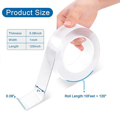 Heavy Duty Double Sided Mounting Tape, 1" x 120", Traceless and Removable Nano Adhesive Tape for Outdoor and Indoor, Strong Stick Clear Two Sided Gel Grip Tape (10 FT) - size: 10FT
