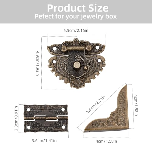 NICENEEDED Jewelry Box Hinges and Latches, Antique Engraved Latch Hasp Hinges and Box Corner Protectors Hardware Kit, Bronze Wooden Box Latch Buckle for Jewelry Box Decoration and Repair