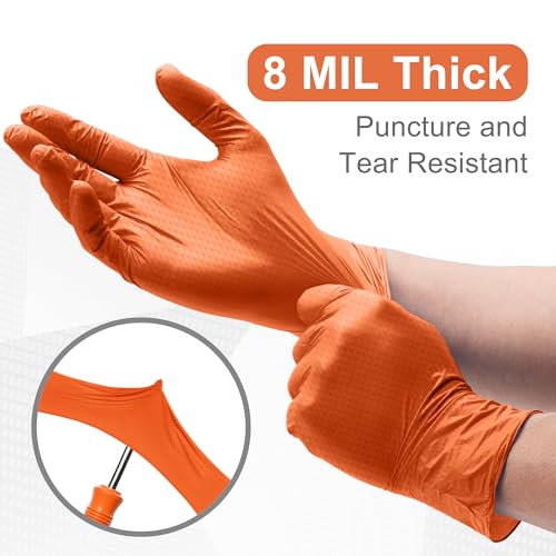 WECARE 8 Mil Nitrile Gloves - Heavy Duty Mechanic Gloves, with Diamond Grip - Powder and Latex Free Disposable Gloves - color: Orange, size: Medium