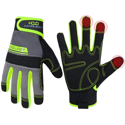 HANDLANDY Work Gloves for Men & Women, Utility Mechanic Working Gloves Touch Screen, Flexible Gardening Gloves for Yard - color: Green (1 Pair), size: Medium