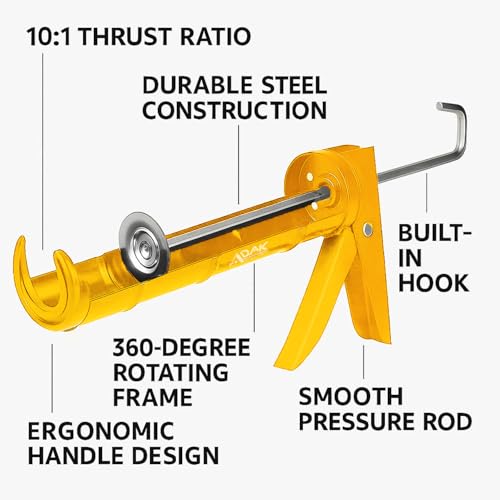ADAK - Professional Caulking Gun, 10:1 Thrust Ratio, Caulking Gun No Drip, Hand Tool for Silicone & Sealant Application, Smooth Pressure Caulk Gun, Caulking Gun Tool (Yellow) - color: Yellow