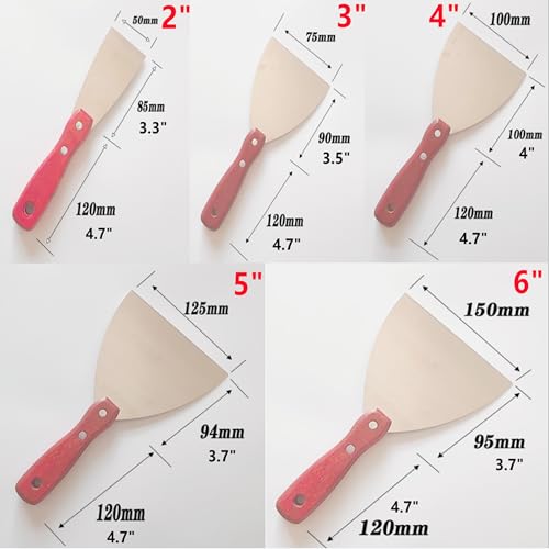5Pcs Putty Knife Scrapers Stainless steel spatula Tool set，with a comfortable wooden handle，for Scrapering,Drywall Repairs and Spreading，Taping Drywall Wall Painting (Mixed pack2",3",4",5",6") - color: Mixed Pack2",3",4",5",6"