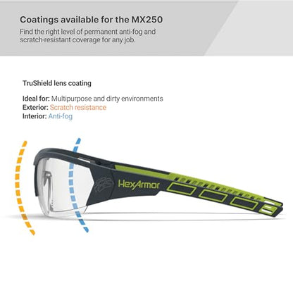 HexArmor MX250 Grey 23% tinted safety glasses for men and women | Anti-fog | Scratch resistant wrap around lenses | Adjustable side arms | Certified ANSI Z87 | 100% UV protected eyewear - color: Grey 23% / Trushield
