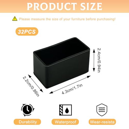 32 PCS Chair Leg Floor Protectors, Black Rubber Furniture Leg Caps, 20mm x 40mm Rectangle Chair Table Leg Covers, Outdoor Chair Leg Protectors (32)