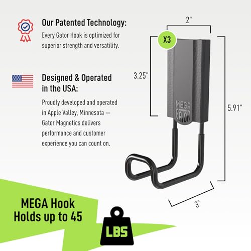 GATOR MAGNETICS MEGA 3 in Closed Hooks, 45 lb Heavy Duty Magnetic Hooks for Steel Surfaces, Patented Easy-Release, Non-Slip Grip – Storage & Organization, Garage, Home Tools & Gear Storage – 3 Pack - size: 3 Inch, style: Closed