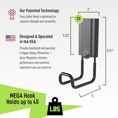 GATOR MAGNETICS MEGA 3 in Closed Hooks, 45 lb Heavy Duty Magnetic Hooks for Steel Surfaces, Patented Easy-Release, Non-Slip Grip – Storage & Organization, Garage, Home Tools & Gear Storage – 3 Pack - size: 3 Inch, style: Closed
