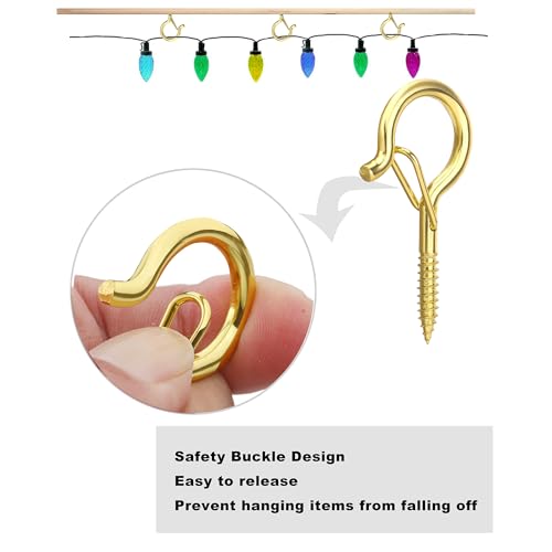 PlusRoc 20 Pack Ceiling Hooks for Hanging Plants Outdoor String Lights Heavy Duty, 2.2 Inch Eye Hook Screw in Cup Hooks Q-Hanger for Patio Lights, Wall Wood Fence Deck Mount(Gold) - color: Gold