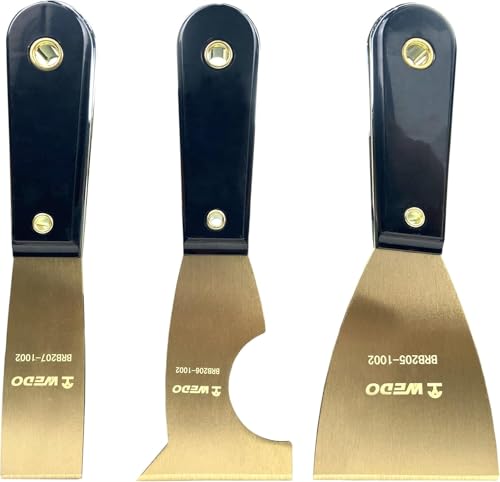 WEDO 3PCS Brass Putty Knife Set,Paint Scraper, Blade 3"+ 2-1/2" + 1-1/4",Spackle Knife, Wallpaper Scraper,Painters Tool, Crown Molding Tool, Paint Remover for Wood, Scraper