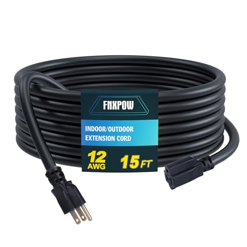 Indoor Outdoor Extension Cord, 12 Gauge 3 Prong Weatherproof Heavy Duty Black Extension Cords, 12/3 SJTW 15A 15 FT Extension Cable for Garage, Garden and Home, UL Listed - color: Black, size: 15FT