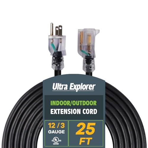 Indoor Outdoor Extension Cord Waterproof 25 FT, 12 Gauge Heavy Duty Black Extension Cord SJTW, Flexible Cold-Resistant 3 Prong Grounded Power Cord for Lawn, Garden, Appliance, UL Listed - color: Black, size: 25 ft