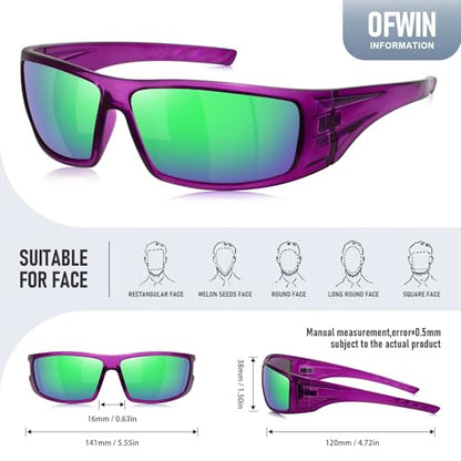 Polarized Sports Sunglasses for Men Women Unbreakable Frame Cycling Fishing Wrap Around Sunglasses UV400 Protection - color: 1-clear Purple/Green Mirror Lens