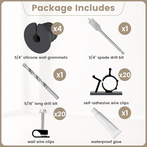Starlink Cable Grommet Routing Kit for 3/4 inch Wall Hole, 4PCS Wall Grommets Accessories Including 3/4" Spade Drill Bit, Drill bit, and 40 Wall Wire Clips - size: 3/4 inch kit
