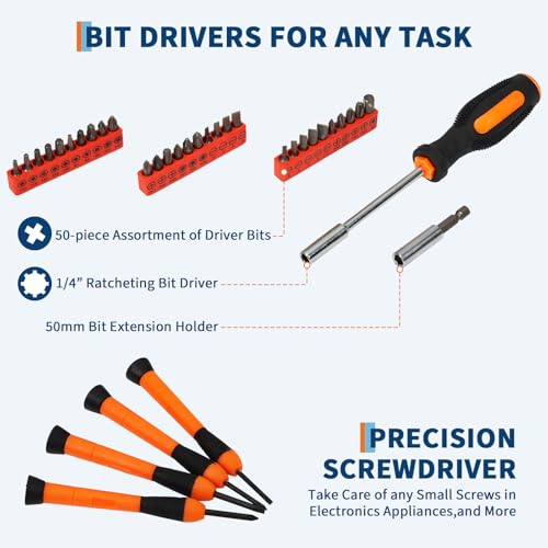 57 Piece Tool Set, Mechanics Tool Set, Portable Small Tool Kit, General Household Hand Kit with Plastic Toolbox Storage Case Orange for Home Maintenance, Drive Tools