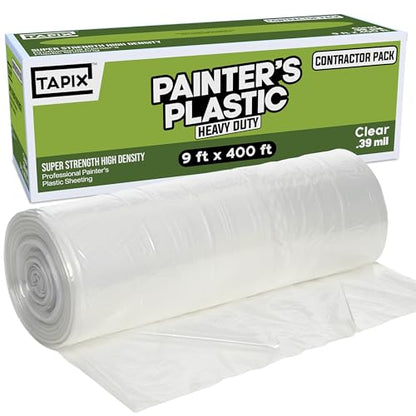 Painter's Plastic Film Heavy Duty 0.39 mil, 400' Length x 9' Width High, High Density Painters Plastic Sheeting Roll in Box with Dispense Hole for Easy Paint Plastic Covering - style: Heavy Duty Painter's Plastic