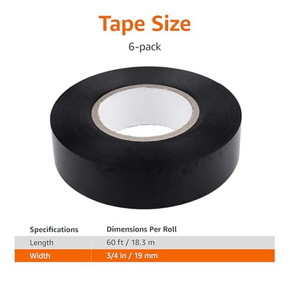 Amazon Basics Electrical Adhesive Tape, Insulating with Strong Adhesive, for Home DIY, Repairs, Electrical, Automotive and Equipment, 3/4" x 60', Black, 6-Pack