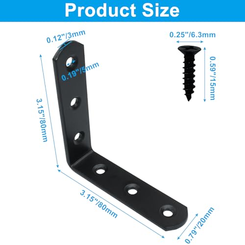 4 Pcs Black Corner Brace L Bracket, 3*3*0.8 inch / 80*80*20mm Iron Right Angle Brackets, Metal Joint Right Angle Bracket for Tables, Furniture, Shelves with Screws - size: 3"- 80mm-Black