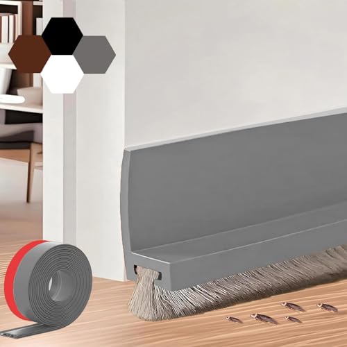 39-inch Door Draft Stopper with Brush - Adhesive Weather Stripping Seal for Exterior/Interior Doors | Under Door Sweep Blocks Drafts, Noise & Dust | Fits 1/4"-1" Gaps (Grey) - color: Gray