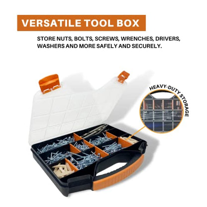 Massca Hardware Organizer box with dividers - 18 Compartments Small Parts Organizer with Accessible Hinged Lid - Durable Plastic Screw Organizer Store Nuts, Bolts, Screws, Nails, & Small Hardware