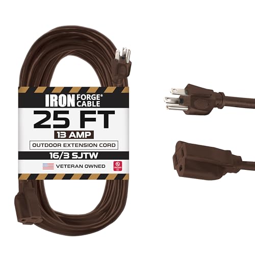 Iron Forge Cable Outdoor Brown Extension Cord 25 ft - 16 Gauge 13 Amp Heavy Duty Brown Outdoor Extension Cords 3 Prong - 16/3 SJTW - Great for Outdoor - color: Brown, size: 25 FT