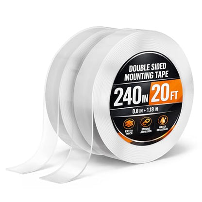 2Pcs Clear Double Sided Mounting Tape – 2-Size Double Face Tape Heavy Duty 240"х1.18" & 0.8" (20 Ft) – Home, Office, Decor & Diy Projects, No Tools Needed, Works on Wall, Tile, Glass, Metal, & Plastic - size: 20 ft x 1.2" & 0.8"