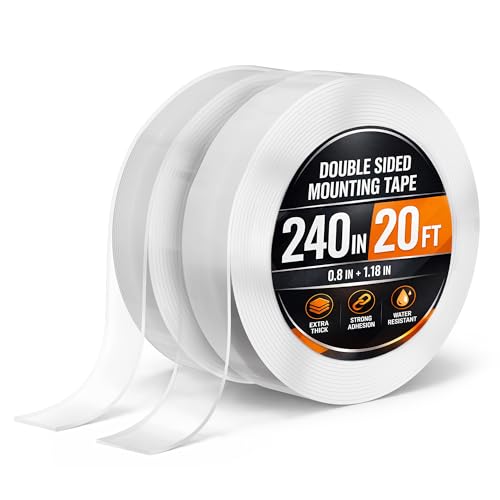2Pcs Clear Double Sided Mounting Tape – 2-Size Double Face Tape Heavy Duty 240"х1.18" & 0.8" (20 Ft) – Home, Office, Decor & Diy Projects, No Tools Needed, Works on Wall, Tile, Glass, Metal, & Plastic - size: 20 ft x 1.2" & 0.8"