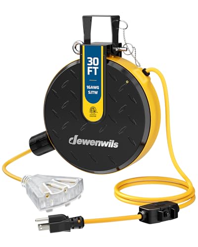 DEWENWILS 30FT Retractable Extension Cord Reel, Ceiling/Wall Mount 16/3 SJTW Power Cord with 3 Lighted Triple Outlets for Garage Shop, 10 Amp Circuit Breaker, Metal Plate, ETL Listed, Yellow - color: Yellow