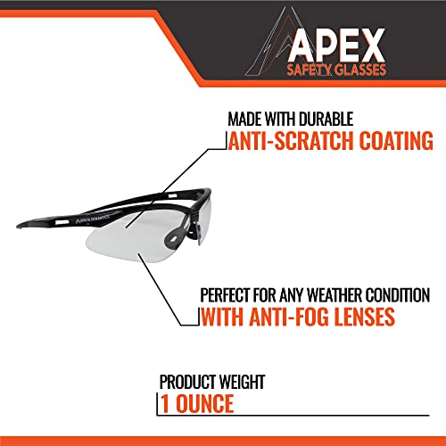 Malta Dynamics APEX Safety Glasses – Anti Scratch and Anti Fog Protection, Construction Safety Glasses for Men and Women, ISEA & ANSI Z87 Compliant (Clear, 12 Pairs) - color: Clear - 12 Pair