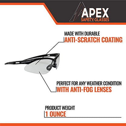 Malta Dynamics APEX Safety Glasses – Anti Scratch and Anti Fog Protection, Construction Safety Glasses for Men and Women, ISEA & ANSI Z87 Compliant (Clear, 12 Pairs) - color: Clear - 12 Pair