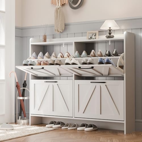 MU Shoe Storage Cabinet with 4 Flip Drawers, Freestanding Shoe Cabinet, Slim Shoe Organizer with Wood Legs for Entryway, White - color: White, size: 4 Drawers