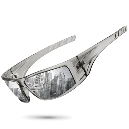 Polarized Sports Sunglasses for Men Women Unbreakable Frame Cycling Fishing Wrap Around Sunglasses UV400 Protection - color: 1-clear Gray Frame/Silver Mirror Lens