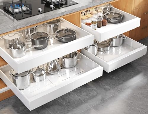 Seinloes 4 Pack Expandable (15.1"-26.3") Pull Out Cabinet Organizer 21" Deep With Raising Pad for Framed Cabinets,Upgrade 3 Slide Rails Slide Out Drawers,No Drill Roll Out Shelves Adhesive,White - color: White, size: 21"D x 15.1"-26.3"W(4Pack)