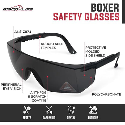 BISON LIFE Anti Fog Safety Glasses with Adjustable Temple & Side Protection, Wraparound Anti-Scratch Lens, Black Lens & Black Temple, Mowing, Gardening, Outdoor Sports & More (Pack of 3) - color: Black