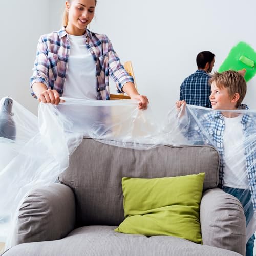 24 Pack 12 x 9 ft 0.4 MIL Large Painter’s Plastic Drop Cloth Painting Sheet-Light & Durable Dust Cover-Clear Plastic Sheet-Plastic Sheeting-Plastic Cover-Paint Drop Cloth- Plastic Floor Protector