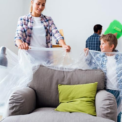 24 Pack 12 x 9 ft 0.4 MIL Large Painter’s Plastic Drop Cloth Painting Sheet-Light & Durable Dust Cover-Clear Plastic Sheet-Plastic Sheeting-Plastic Cover-Paint Drop Cloth- Plastic Floor Protector