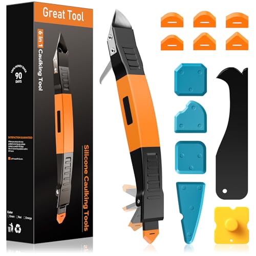 6 in 1 Silicone Caulking Tool Kit with Caulk Grout Remover Tool Sealant Finishing & Smoothing Tool, Grout Scraper, 6 Reusable Pads and Adhesive Residue Scraper for Kitchen Bathroom Tile Sink (Orange) - color: Orange