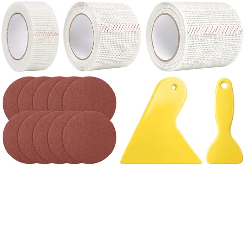 Wall Patch Kit Include 3 Rolls 270ft Fiberglass Drywall Repair Tape Kit 2/4/6 Inch Width Self Adhesive Mesh Tape with 2 Scrapers, 10 Sandpaper for Drywall, Plaster, Ceiling, Seam, Hole Repair