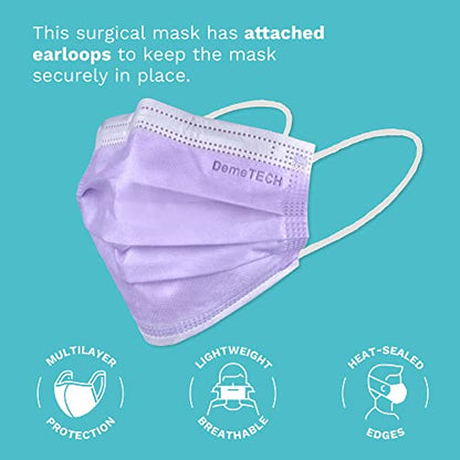 DEMETECH ASTM Level 3 Protective 3-Layer Face Mask, Ear-Loop Style, Adult Mask - color: Purple - 50 Pack