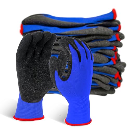 Evridwear Crinkle Latex Rubber Hand Coated Safety Work Gloves for Men Women General Multi Use Construction Warehouse Gardening Assembly Landscaping (Medium,Blue- 12Pair) - color: Blue, size: Medium