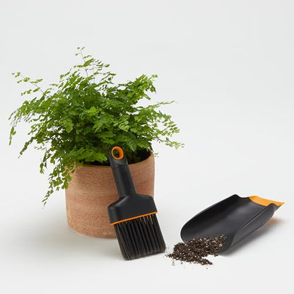 Fiskars Planting Soil Scoop & Brush Set, Dual-Sided Tool for Indoor Digging & Cleanup, Narrow Rigid End & Flexible Dustpan for Potting, Soft Bristles Sweep Debris, Recycled Plastic - style: Soil Scoop & Brush Set