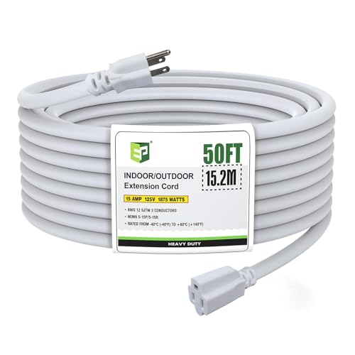EP 12/3 50 FT Indoor Outdoor White Extension Cord Waterproof, 12 Gauge 3 Prong Power Cord Flexible Resistant Appliance Extension Cable Electric Cable Outside, 15A 1875W 12AWG SJTW, ETL Listed - color: White, size: 50ft